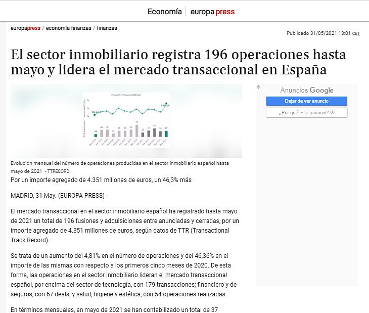 El sector inmobiliario registra 196 operaciones hasta mayo y lidera el mercado transaccional en Espaa